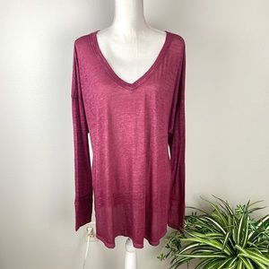 Maurices 24/7 Plus Size 2 Burnout V-Neck Long Sleeve Top Wine EUC